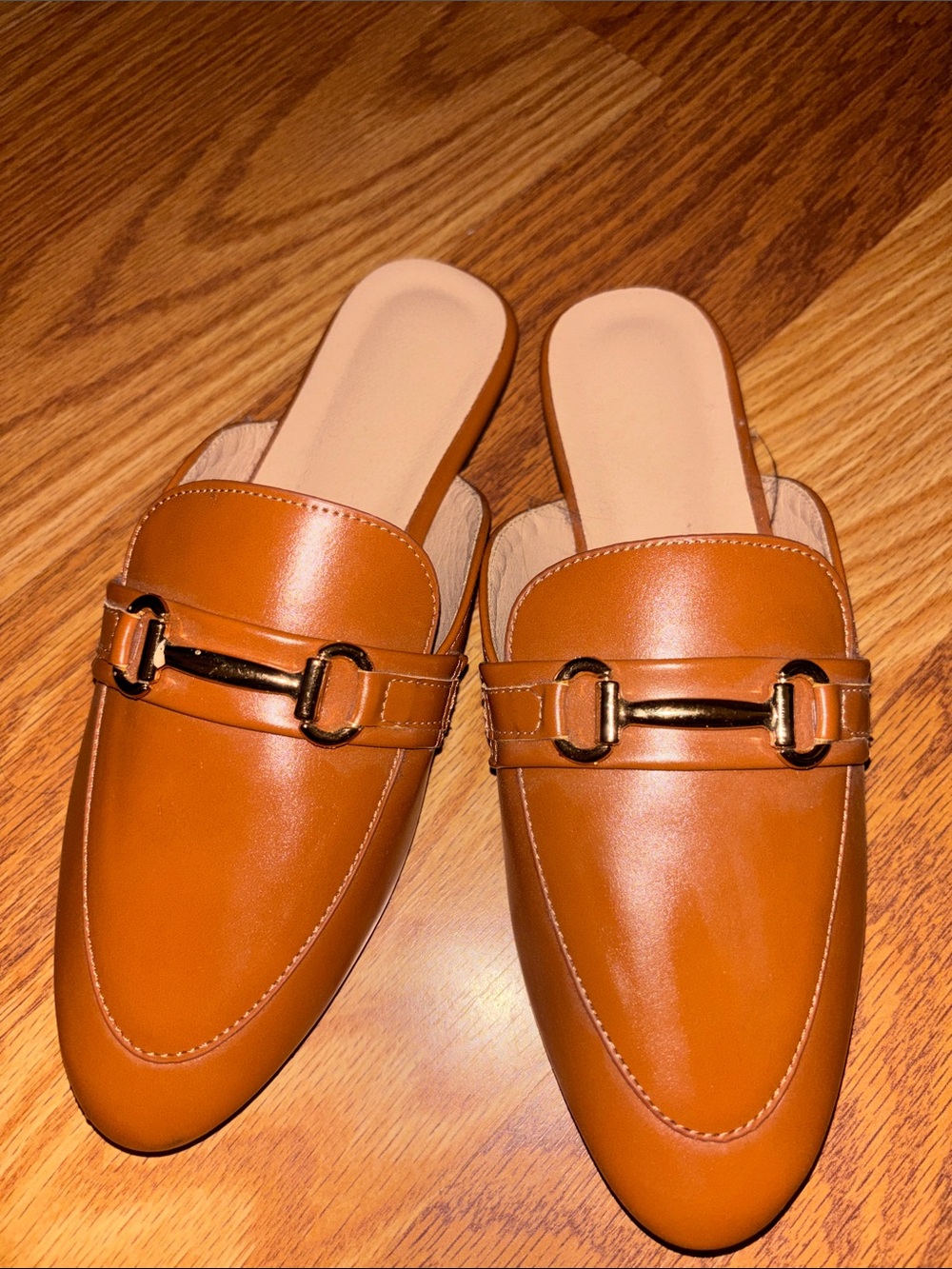 Women's Tan Slide Mules with Decorative Bit Hardware
